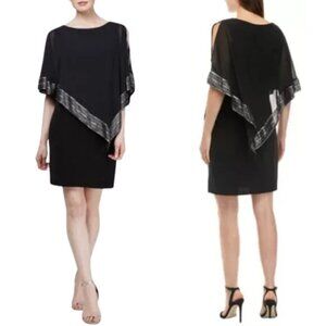 SLNY Mylar Trim Asymmetrical Capelet Black & Silver Mini Dress Sz. 8 NWT